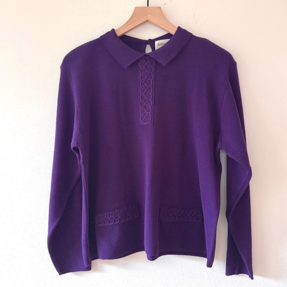 ADOLFO‎ Collectibles Womens Purple Knit Polo Collar Long Sleeve Sweater L